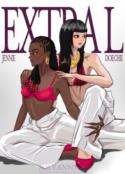 2girls art_study artist_name black_hair blunt_bangs blush bra braid commentary dark-skinned_female dark_skin doechii earrings english_commentary highres jennie_(blackpink) jewelry k-pop long_hair looking_to_the_side multiple_girls pants real_life red_bra red_shoes shoes sitting solvanny2d song_name underwear white_pants