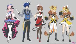Rule 34 | 2boys, 3girls, :d, animal ears, artist name, black collar, black pants, black shoes, black socks, blonde hair, blue eyes, blue hair, bow, brown eyes, brown hair, closed mouth, collar, collared shirt, commentary request, copyright notice, detached collar, diamond facial mark, dress, facial mark, fake animal ears, fake tail, fang, gloves, grey background, grey shirt, grey socks, hair bow, kagamine len, kagamine rin, kaito (vocaloid), logo, looking at viewer, magical mirai (vocaloid), magical mirai kaito, magical mirai kaito (2019), magical mirai len, magical mirai len (2019), magical mirai luka, magical mirai luka (2019), magical mirai meiko, magical mirai meiko (2019), magical mirai rin, magical mirai rin (2019), megurine luka, meiko (vocaloid), multiple boys, multiple girls, necktie, ni02 (asahi nini), official art, open mouth, pants, pink hair, red necktie, red shoes, second-party source, shirt, shoes, shorts, simple background, smile, socks, tail, teeth, thighhighs, vocaloid, white bow, white gloves, white shorts, white thighhighs