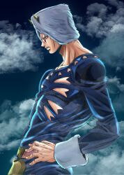 1boy araki_hirohiko_(style) belt blue_bodysuit blue_eyes bodysuit brown_belt clothing_cutout cloud collarbone commentary_request fake_horns from_side fur-trimmed_sleeves fur_hat fur_trim hands_on_own_hips hat highres horned_hat horns ishimoto_shun&#039;ichi jojo_no_kimyou_na_bouken male_focus official_style solo stone_ocean weather_report white_fur