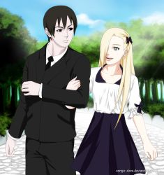 1boy 1girl arm_grab black_hair black_jacket blonde_hair bow cereja-doce dating dress earrings formal_clothes hair_bow hair_over_one_eye jacket jewelry long_hair long_sleeves looking_at_another naruto_(series) necktie outdoors pants sai yamanaka_ino