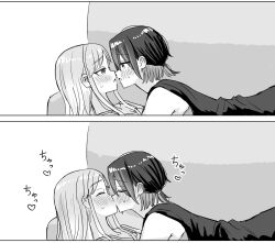 Rule 34 | 2girls, blush, closed eyes, commentary request, couch, eye contact, greyscale, highres, imminent kiss, kiss, long hair, looking at another, monochrome, multicolored hair, multiple girls, on couch, open mouth, original, ponytail, short hair, short ponytail, ssrbonknow, sweat, tank top, two-tone hair, yuri