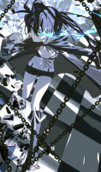 1girl absurdres belt bikini bikini_top_only black_boots black_cape black_hair black_rock_shooter black_rock_shooter_(character) black_shorts blue_eyes boots cape chain chessboard closed_mouth commentary english_commentary flaming_eye front-tie_bikini_top front-tie_top hair_between_eyes hand_up highres knee_boots long_hair navel qtian short_shorts shorts solo stomach swimsuit thighs white_belt