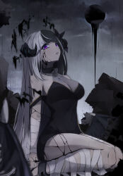 1girl absurdres arm_support bandaged_arm bandaged_leg bandages black_collar black_dress black_hair black_horns blunt_bangs breasts cleavage collar commentary crack dress elphe english_commentary from_side full_body highres horns long_hair looking_at_viewer medium_breasts mixed-language_commentary multicolored_hair original parted_lips purple_eyes see-through_cleavage see-through_clothes sitting solo tears two-tone_hair wariza white_hair