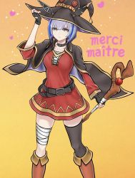Rule 34 | + +, 1girl, absurdres, alternate costume, azur lane, bandaged leg, bandages, belt, black choker, black gloves, black hat, black thighhighs, blue hair, brown belt, cape, choker, cosplay, dress, fingerless gloves, gascogne (azur lane), gloves, halloween, hat, heart, highres, holding, holding staff, holding unworn clothes, holding unworn hat, kono subarashii sekai ni shukufuku wo!, megumin, megumin (cosplay), multicolored hair, red dress, short dress, short hair, single thighhigh, solo, staff, streaked hair, thighhighs, tomozou-1971, unworn hat, unworn headwear, witch hat, yellow background, yellow eyes