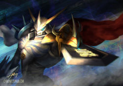 armor bandai blue_eyes cape digimon digimon_(creature) foreshortening full_armor glowing glowing_eyes helmet highres looking_at_viewer monster narutocuhh no_humans omegamon perspective red_cape royal_knights signature sword tumblr_username watermark weapon web_address