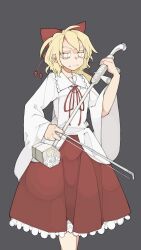 1girl blonde_hair bolos bow collar erhu frilled_collar frilled_skirt frills grey_background hair_bow highres holding holding_instrument instrument long_sleeves red_bow red_skirt satsuki_rin shirt simple_background skirt solo touhou v-shaped_eyebrows white_collar white_shirt yellow_eyes
