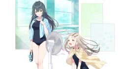 2girls black_hair blonde_hair buttons electric_fan gakuen_idolmaster game_cg goggles green_eyes green_hair hair_ornament hairclip highres holding idolmaster multicolored_hair multiple_girls official_art one-piece_swimsuit open_mouth orange_eyes polka_dot shinosawa_hiro swimsuit tile_floor tiles towel tsukimura_temari window