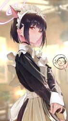 1girl absurdres alternate_costume animal_ears apron black_choker black_hair blue_archive bocchi_(kuropom7) choker colored_inner_hair doodle_sensei_(blue_archive) enmaided extra_ears frills halo highres kazusa_(blue_archive) maid maid_apron maid_headdress medium_hair multicolored_hair pink_hair pink_halo red_eyes sensei_(blue_archive) sidelocks sleeves_past_wrists
