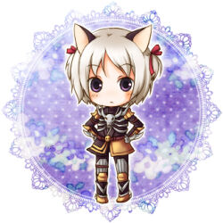 1boy animal_ears arm_blade armor armored_boots black_bodysuit blush bodysuit boots bow cat_boy cat_ears chibi chibi_only closed_mouth commentary_request expressionless full_body gauntlets grey_hair guillotine_cross_(ragnarok_online) hair_bow looking_at_viewer lowres male_focus pauldrons purple_eyes ragnarok_online red_bow ren_(totoki) short_hair shoulder_armor skull solo standing weapon white_background