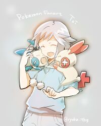 1boy :d ^_^ animal_ears blue_hoodie closed_eyes commentary_request cowboy_shot drawstring gen_3_pokemon grey_background grey_hair hand_up happy hood hoodie male_focus minun nintendo on_shoulder open_mouth pants plusle pokemon pokemon:_destiny_deoxys pokemon_(anime) pokemon_(creature) pokemon_on_shoulder pokemon_rse_(anime) pom_pom_(clothes) ryukadomatsu short_hair short_sleeves simple_background smile tory_lund white_pants