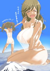 2girls absurdres blonde_hair breasts feet giant giantess highres huge_breasts inuyama_akari inuyama_aoi japanese_text kneeling mountain mountainous_horizon multiple_girls siblings sisters thick_thighs thighs tin64702539 towel twintails yurucamp