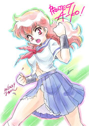 1girl absurdres arm_up blue_skirt breasts brown_eyes brown_hair clenched_hands copyright_name highres kisaragi_miyuki kneehighs legs_apart long_hair magami_eiko navel open_mouth panties pleated_skirt project_a-ko sailor_collar school_uniform serafuku shirt skirt socks solo thighs torn_clothes torn_shirt torn_skirt underwear white_panties white_shirt white_socks