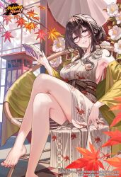 1girl absurdres anemone_(flower) barefoot book breasts brown_hair chair check_flower commentary crossed_legs day eyewear_strap flower flower_request glasses green_shawl hair_bun highres holding holding_book japanese_maple large_breasts lips long_hair looking_at_viewer mahjong_soul maple_tree mole mole_under_mouth nail_polish official_alternate_costume official_alternate_hairstyle official_art okuma_mai onodera_nanaha outdoors parted_lips pink_eyes red-framed_eyewear red_nails semi-rimless_eyewear shawl sideboob sitting solo toenail_polish toenails tree under-rim_eyewear window