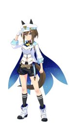 Rule 34 | 1girl, adjusting clothes, adjusting headwear, animal ears, blush, breasts, brown hair, cape, cheval grand (umamusume), closed mouth, game model, gloves, hair between eyes, hair ornament, highres, horse ears, horse girl, horse tail, looking at viewer, medium breasts, medium hair, midriff peek, navel, official art, shorts, single glove, solo, tachi-e, tail, transparent background, umamusume