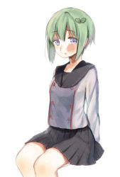 Rule 34 | 1girl, blood, blue eyes, bruise, bruised eye, character request, domestic violence, female focus, green hair, hair ornament, injury, leaf, leaf hair ornament, midorikawa you, nosebleed, school uniform, short hair, sitting, skirt, solo, tears