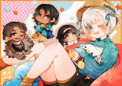 1boy 3girls :3 ;) ;d asymmetrical_clothes black_footwear black_hair black_shorts blue_coat blue_eyes blue_sleeves boater_hat border braid braided_hair_rings brown_coat brown_eyes brown_headwear chibi chibi_inset coat dark-skinned_female dark-skinned_male dark_skin dokkun0818 feet_out_of_frame hair_rings hairband head_rest kaalaa_baunaa kanjira long_hair looking_at_viewer matilda_bouanich matilda_bouanich_(the_genius&#039;s_holiday) multiple_girls one_eye_closed open_mouth orange_border orange_socks pants purple_eyes reverse:1999 shamane shirt shorts shrug_(clothing) single_pantsleg smile socks solo_focus star_(symbol) twin_braids twitter_username watermark white_hair white_shirt yellow_hairband yellow_pants