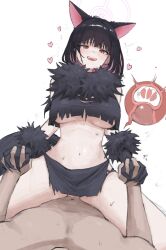 1boy 1girl animal_ears black_claws black_hair black_skirt blue_archive blush breasts cat_ears clothed_female_nude_male clothed_sex colored_inner_animal_ears colored_inner_hair cowgirl_position cross-section cum cum_in_pussy dark-skinned_male dark_skin ejaculation extra_ears fake_claws fake_tail fur-trimmed_gloves fur_scarf fur_trim furrowed_brow girl_on_top gloves halo hetero highres holding_hands interlocked_fingers internal_cumshot kazusa_(blue_archive) kazusa_(halloween)_(blue_archive) large_breasts looking_at_viewer multicolored_hair navel no_panties nude official_alternate_costume open_mouth penis pink_eyes pink_hair pink_halo pov rainbow_gorein sex short_hair skirt smile solo_focus stomach straddling sweat tail torn_clothes torn_skirt two-tone_hair uncensored underboob uterus vaginal werewolf_costume