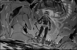 Rule 34 | 1boy, 1girl, amanhecer eod, arm armor, armor, bare shoulders, battle, behind another, boots, breastplate, ciel (mega man), clenched hand, crop top, english text, facing another, facing away, fighting stance, gauntlets, grey armor, grey boots, grey helmet, grey jacket, grey pants, grey sky, hands on own chest, helmet, high ponytail, hunched over, hydrokinesis, injury, jacket, kneeling, leg armor, long hair, mega man (series), mega man zero (series), monochrome, on ground, outdoors, pants, pond, ponytail, shoulder pads, sitting, sky, sleeveless, sleeveless jacket, smoke, space helmet, spacesuit, torn clothes, torn jacket, water, water drop, zero(z) (mega man), zero (mega man)