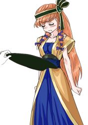 1boy 1girl assisted_exposure bare_arms blue_sash blush breasts chrono_cross cleavage clenched_hands closed_eyes clothes_lift dress facing_another fantasy furrowed_brow hetero leena_(chrono_cross) lifting_another&#039;s_clothes long_hair medium_breasts orange_hair outstretched_wrists purple_ribbon ribbon s-a-murai sash simple_background sketch skirt skirt_lift solo_focus straight_hair swept_bangs white_background