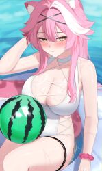 1girl 4kebidayo absurdres animal_ears ball bare_shoulders blue_innertube blush breasts choker cleavage closed_mouth collarbone colored_inner_hair commentary day food_print fruit_print hair_intakes hair_ornament hairclip highres hololive hololive_english huge_breasts long_hair looking_to_the_side multicolored_hair one-piece_swimsuit outdoors panther_ears panther_girl panther_tail pink_hair pink_scrunchie raora_panthera scrunchie sidelocks sitting solo streaked_hair sweat swimsuit tail thigh_strap thighs very_long_hair virtual_youtuber watermelon_print white_choker white_hair white_one-piece_swimsuit wrist_scrunchie yellow_eyes