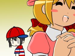 Rule 34 | 1boy, 1girl, ana (mother), baseball cap, black hair, blonde hair, dress, from side, hat, lastworry111, mother (series), mother 1, ninten, nintendo, parody, pink dress, ribbon, shirt, short hair, short twintails, smile, striped clothes, striped shirt, triple baka (vocaloid), twintails