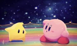 derivative_work highres kirby kirby_(series) looking_at_viewer luma_(mario) mario_(series) mario_kart night nintendo open_mouth rainbow_road scenery screenshot_redraw sky sparkle star_(sky) starry_sky super_mario_galaxy super_smash_bros. surprised suyasuyabi