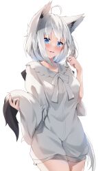 1girl absurdres ahoge amato_0321 animal_ear_fluff animal_ears black_ribbon blush braid commentary_request cowboy_shot embarrassed extra_ears fox_ears fox_girl fox_tail frilled_shirt_collar frills green_eyes hair_between_eyes hair_ribbon highres holding_own_tail holding_tail hololive long_hair looking_at_viewer low_ponytail neck_ribbon no_pants open_mouth ponytail ribbon shirakami_fubuki shirakami_fubuki_(street) shirt side_braid sidelocks simple_background single_braid solo tail two-tone_pubic_hair virtual_youtuber wavy_mouth white_background white_hair white_ribbon white_shirt