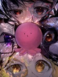 1boy 2girls azuma_naoki brown_eyes chappy_(takopii_no_genzai) colored_skin crack cracked_glass creature dog eye_focus eye_reflection glasses half-closed_eye heart heart_in_eye highres kirarazaka_marina kuze_shizuka mira_hidume multiple_girls pink_skin purple_eyes reflection star_(symbol) star_in_eye symbol_in_eye takopii takopii_no_genzai whiskers yellow_eyes