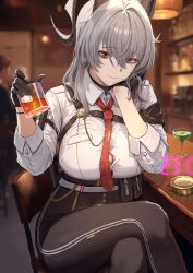 1girl absurdres arm_pouch armband black_armband black_gloves black_horns black_pants black_pouch blurry blurry_background breasts button_gap chest_harness closed_mouth collared_shirt commentary crossed_legs cup curled_horns drinking_glass english_commentary fengyu_ye gloves grey_hair hair_ornament harness high-waist_pants highres holding holding_cup horns large_breasts long_hair looking_at_viewer mole mole_under_eye multicolored_hair necktie pants red_eyes red_necktie shirt shirt_tucked_in smile solo streaked_hair tight_clothes tight_pants white_shirt wuthering_waves zani_(wuthering_waves)