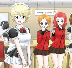 2girls alternate_costume blonde_hair blue_eyes blush bow bowtie braid breasts covering_own_mouth darjeeling_(girls_und_panzer) enmaided girls_und_panzer hand_over_own_mouth harukai-i highres holding holding_plate indoors looking_at_another maid maid_headdress medium_breasts military_uniform miniskirt multiple_girls open_mouth orange_hair orange_pekoe_(girls_und_panzer) plate pointing pointing_at_another red_bow red_bowtie red_hair rosehip_(girls_und_panzer) skirt small_breasts smile st._gloriana&#039;s_military_uniform waitress