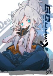 Rule 34 | 1girl, blue eyes, breasts, character name, commentary request, convenient censoring, copyright name, deux murasame, freckles, grey hair, gundam, gundam gquuuuuux, hair censor, highres, indian style, long hair, mask, mask pull, mecha pilot suit, mouth mask, norainu (wtus2283), open mouth, signature, sitting, small breasts, solo, topless female, updo