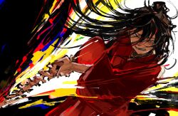 1boy absurdres black_hair blood bone chinese_clothes chinese_commentary dao_gui_yi_xian faux_traditional_media fighting_stance floating_hair glowing glowing_weapon grin hair_between_eyes hair_bun hanfu highres holding holding_bone holding_sword holding_weapon hydrogenbonding implied_yaoi ink_wash_painting li_huowang long_hair long_sleeves looking_at_viewer male_focus red_eyes red_hanfu single_hair_bun smile solo spine spine_sword sword teeth weapon