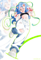 1girl animal_ears animal_hands bare_shoulders blue_hair breasts cat_ears cat_tail celebelian crop_top darkstalkers fang felicia_(darkstalkers) green_eyes highres long_hair one_eye_closed pants shoes sleeveless standing standing_on_one_leg tail teeth upper_teeth_only very_long_hair white_fur