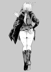 1girl ass duchess_(elden_ring) elden_ring elden_ring_nightreign eye_mask flying_sweatdrops from_behind fundoshi greyscale highleg highres japanese_clothes legs_together monochrome nakasone_haiji no_pants ponytail simple_background solo sweat thighs wedgie