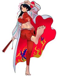 1girl animal_print barefoot black_hair breasts bustier butterfly_print fatal_fury feet folded_fan folding_fan hair_down hair_ornament hand_fan haori highres holding holding_fan japanese_clothes kicking large_breasts meke_(77842928) official_alternate_costume official_alternate_hairstyle pants red_bustier red_eyes red_pants shiranui_mai simple_background smile solo street_fighter street_fighter_6 toes