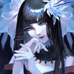 1girl black_collar black_hair blue_background blunt_bangs collar crying crying_with_eyes_open final_fantasy final_fantasy_xiv flower hair_flower hair_ornament hands_up highres hyur lace_collar long_hair looking_at_viewer mole mole_under_mouth portrait red_lips senoura_korafu signature smile solo straight_hair tears white_flower yellow_eyes yotsuyu_goe_brutus