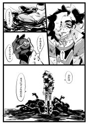 1boy amagaeru_(amapippi052525) cropped_jacket eyeshadow gen_8_pokemon greyscale hair_over_one_eye highres makeup monochrome multicolored_hair nintendo obstagoon piers_(pokemon) poke_ball pokemon pokemon_swsh ponytail solo two-tone_hair