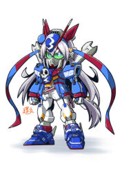 Rule 34 | animal ears, blue eyes, crossbone gundam, crossbone gundam x-3, green eyes, grey hair, gundam, hairband, hashtag-only commentary, highres, horse ears, horse girl, horse tail, long hair, looking at viewer, mayohi neko, mecha, mechanization, mobile suit, robot, sd gundam, skull and crossbones, tail, tamamo cross (umamusume), umamusume, v-fin, very long hair, weapon