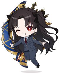 Rule 34 | 1girl, artist request, black hair, black jacket, black pants, black shoes, black suit, chibi, chibi only, collared shirt, earrings, fate/grand order, fate (series), floating, formal clothes, full body, gloves, hair ribbon, hoop earrings, ishtar (fate), jacket, jewelry, long hair, long sleeves, looking at viewer, midair, necktie, official art, one eye closed, open mouth, pants, promotional art, red eyes, ribbon, second-party source, shirt, shoes, smile, solo, suit, train conductor, transparent background, two side up, white gloves, white shirt