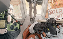 Rule 34 | 1boy, 2girls, absurdres, anby demara, billy kid, black gloves, black skirt, brown eyes, dodo (yatotoyatoto), fingerless gloves, gloves, highres, holding, holding umbrella, jacket, looking at another, mask, multiple girls, open mouth, out of frame, outdoors, red jacket, short hair, skirt, smile, standing, umbrella, white hair, zenless zone zero