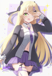 1girl absurdres alternate_costume black_bow black_choker black_jacket black_nails black_ribbon blush bow butterfly_choker choker collar commentary_request cowboy_shot detached_collar eyepatch fingerless_gloves fingernails fischl_(genshin_cafe_in_seoul)_(genshin_impact) fischl_(genshin_impact) genshin_impact gloves green_eyes grey_gloves hair_bow hair_ribbon hand_up highres hyakuya_iori jacket long_hair long_sleeves looking_at_viewer midriff nail_polish navel necktie open_clothes open_jacket open_mouth pleated_skirt purple_bow purple_necktie purple_skirt ribbon signature skirt solo twitter_username two_side_up very_long_hair w w_over_eye white_collar