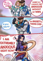 1boy beard blonde_hair blue_bodysuit blue_eyes bodysuit breasts brown_hair cheating_(relationship) earrings elasticity emma_frost extendable_limbs facial_hair fantastic_four highres jewelry large_breasts long_hair luna_snow marvel marvel_rivals muscular neggoartz psylocke reed_richards short_hair smile superhero_costume two-tone_bodysuit white_bodysuit