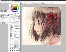 1girl art_program_in_frame bow brown_eyes brown_hair character_request closed_mouth collarbone commentary_request eyelashes from_side hair_bow happy idolmaster lips looking_ahead painttool_sai painttool_sai_(medium) pointy_nose portrait red_bow short_hair smile solo yae_(mono110) yellow_background