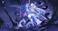 1girl absurdres commentary dress dual_wielding full_body genshin_impact hair_ornament high_heels highres holding holding_sword holding_weapon long_hair pink_eyes prosthesis prosthetic_arm prosthetic_leg saturn_(saturn_illus) skirk_(genshin_impact) solo standing sword thighs weapon white_dress white_hair