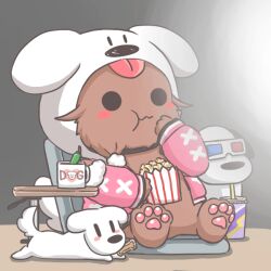 3d_glasses :t animal_hood chibi chibi_only coffee_mug commentary creature cup dog_hood eating food futo-inu heterochromatic_eyewear hololive hood hood_up hooded_jacket hoso-inu inugami_korone inugami_korone_(dog) inugami_korone_(loungewear) jacket mug official_alternate_costume pink_jacket popcorn sitting solid_circle_eyes symbol-only_commentary tinted_eyewear yuuji_(sdcg00)