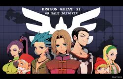 2017 3girls 4boys aqua_eyes artist_name bead_necklace beads black_border black_hair black_tank_top blonde_hair blue_eyes blue_hair border braid bright_pupils brown_hair camus_(dq11) collarbone commentary_request copyright_name cross-laced_clothes cross-laced_dress dated dragon_quest dragon_quest_iii dragon_quest_xi dress earrings facial_hair fez_hat grandfather_and_grandson green_bustier green_dress green_hairband green_tunic grey_eyes grid_background grin hair_pulled_back hairband hat hero_(dq11) high_ponytail in-franchise_crossover jewelry katori_(katokichi) looking_at_viewer looking_to_the_side low_twin_braids map martina_(dq11) medium_hair multiple_boys multiple_girls mustache necklace o-ring o-ring_top old old_man parted_hair ponytail purple_eyes purple_hair red_hat roto&#039;s_emblem row_(dq11) senya_(dq11) short_hair siblings single_bang sisters smile sphere_earrings striped_clothes stud_earrings sylvia_(dq11) tank_top tunic twin_braids twins upper_body veronica_(dq11) white_dress white_facial_hair white_pupils