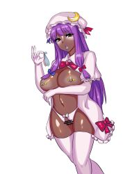 1girl absurdres bar_censor bimbofication blue_bow blue_lips bow bowtie capelet censored commentary condom crescent crescent_hat_ornament dark-skinned_female dark_skin elbow_gloves eyeshadow gloves green_eyeshadow hair_bow hat hat_ornament highres imojima long_hair looking_at_viewer makeup midriff mob_cap navel nipple_piercing nipples open_mouth patchouli_knowledge piercing purple_hair pussy red_bow red_bowtie red_eyes ribbon solo thighhighs touhou used_condom white_eyeshadow