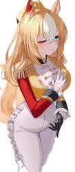 1girl ;) animal_ears asymmetrical_gloves black_gloves blonde_hair bodysuit durandal_(umamusume) gloves hair_between_eyes horse_ears horse_girl horse_tail long_hair mismatched_gloves multicolored_hair one_eye_closed simple_background smile solo tail tail_wagging takmi two-tone_hair umamusume white_background white_bodysuit white_gloves white_hair