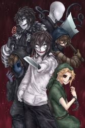 6+boys axe bad_id bad_pixiv_id ben_drowned black_sclera candy colored_sclera crazy_eyes creepypasta equala evil_smile eyeless_jack faceless food glasses highres hood hooded_jacket jacket jeff_the_killer knife laughing_jack lollipop male_focus mask multiple_boys slender_man smile tentacles ticci_toby ticcy_toby weapon