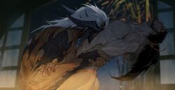 2boys abs arched_back ass bamboo brown_hair closed_eyes collarbone commentary completely_nude couple dark-skinned_male dark_skin dragon_boy dragon_horns face_to_pecs final_fantasy final_fantasy_xiv grabbing_another&#039;s_arm hair_tie hand_on_another&#039;s_arm hien_rijin highres horns interracial long_hair male_focus multiple_boys night night_sky nipples nude pectorals ponytail scales shiyikuaiqingtai_(weibo7279846390) shouji sky sliding_doors star_(sky) symbol-only_commentary thighs veins veiny_arms warrior_of_light_(ff14) white_hair yaoi